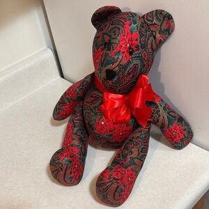Holiday Floral Patterned Teddy Bear with Red Accents